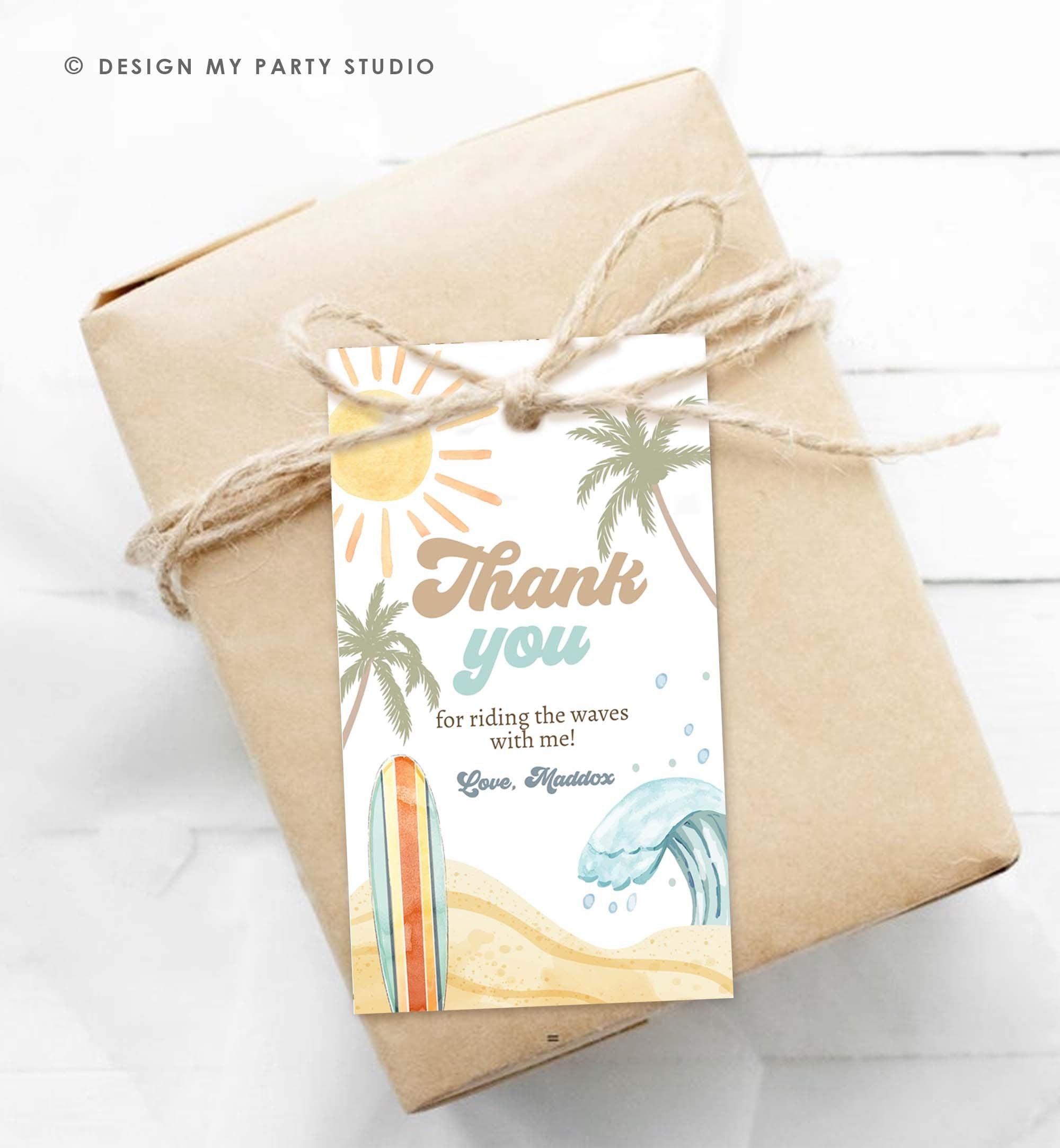 Editable Retro Surf Favor Tags Boy First Birthday The Big One Thank you Tags Beach Party Surfing Hippie Wave Template Corjl PRINTABLE 0433