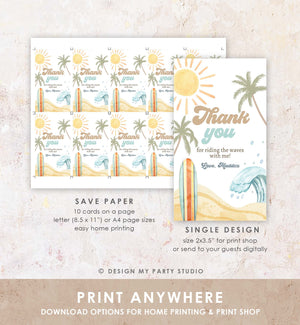 Editable Retro Surf Favor Tags Boy First Birthday The Big One Thank you Tags Beach Party Surfing Hippie Wave Template Corjl PRINTABLE 0433