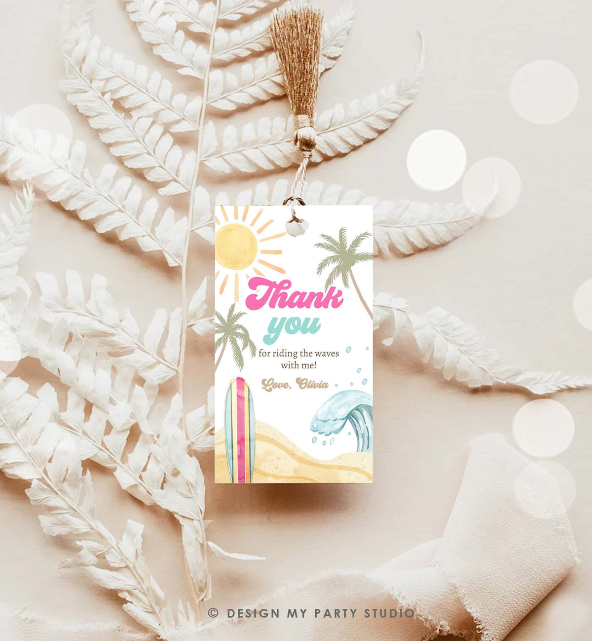 Editable Retro Surf Favor Tags Girl First Birthday The Big One Thank you Tags Beach Party Surfing Hippie Wave Template Corjl PRINTABLE 0433