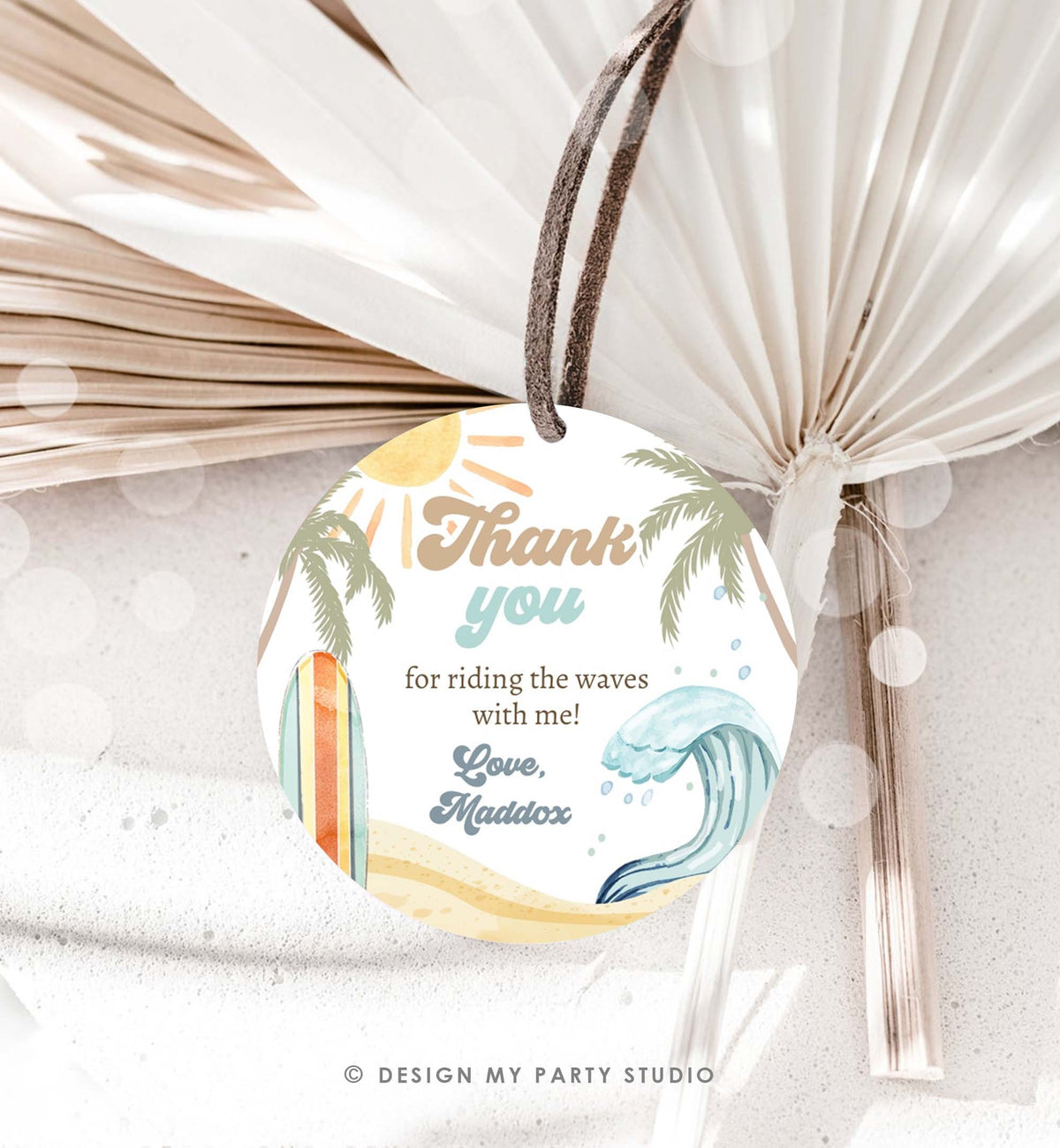 Editable Retro Surf Favor Tag Boy First Birthday The Big One Thank You Tag Beach Party Surfing Hippie Wave Template Corjl PRINTABLE 0433