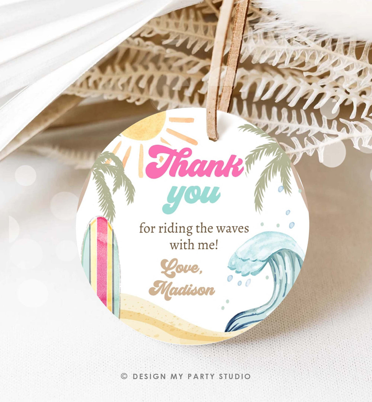 Editable Retro Surf Favor Tag Girl First Birthday The Big One Thank You Tag Beach Party Surfing Hippie Wave Digital Template Printable 0433