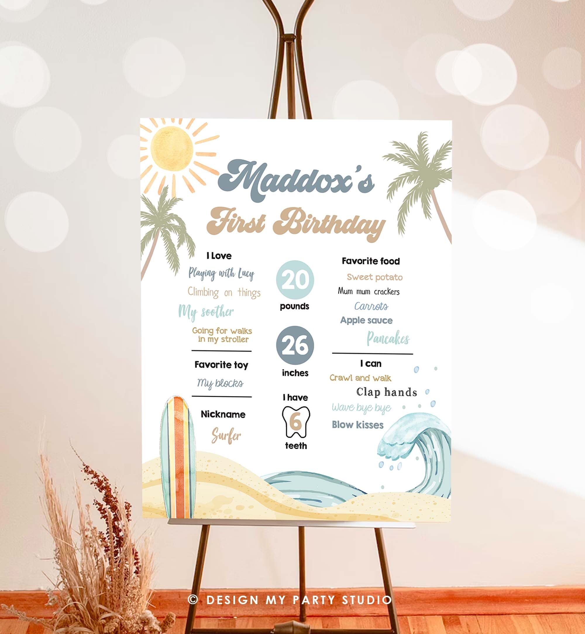 Editable Surf Birthday Milestones Sign Boy Big One Summer Party Surfing Board Groovy Retro Beach 1st Party Template Printable Corjl 0433