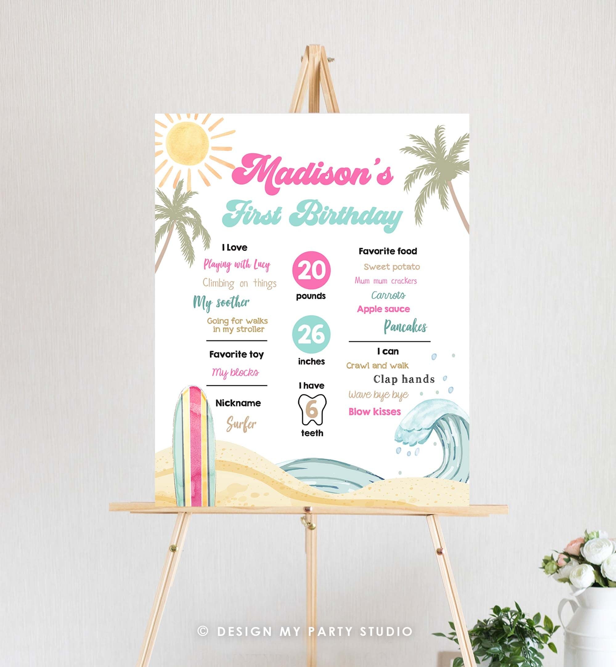 Editable Surf Birthday Milestones Sign Girl Big One Summer Party Surfing Board Groovy Retro Beach 1st Party Digital Template Printable 0433