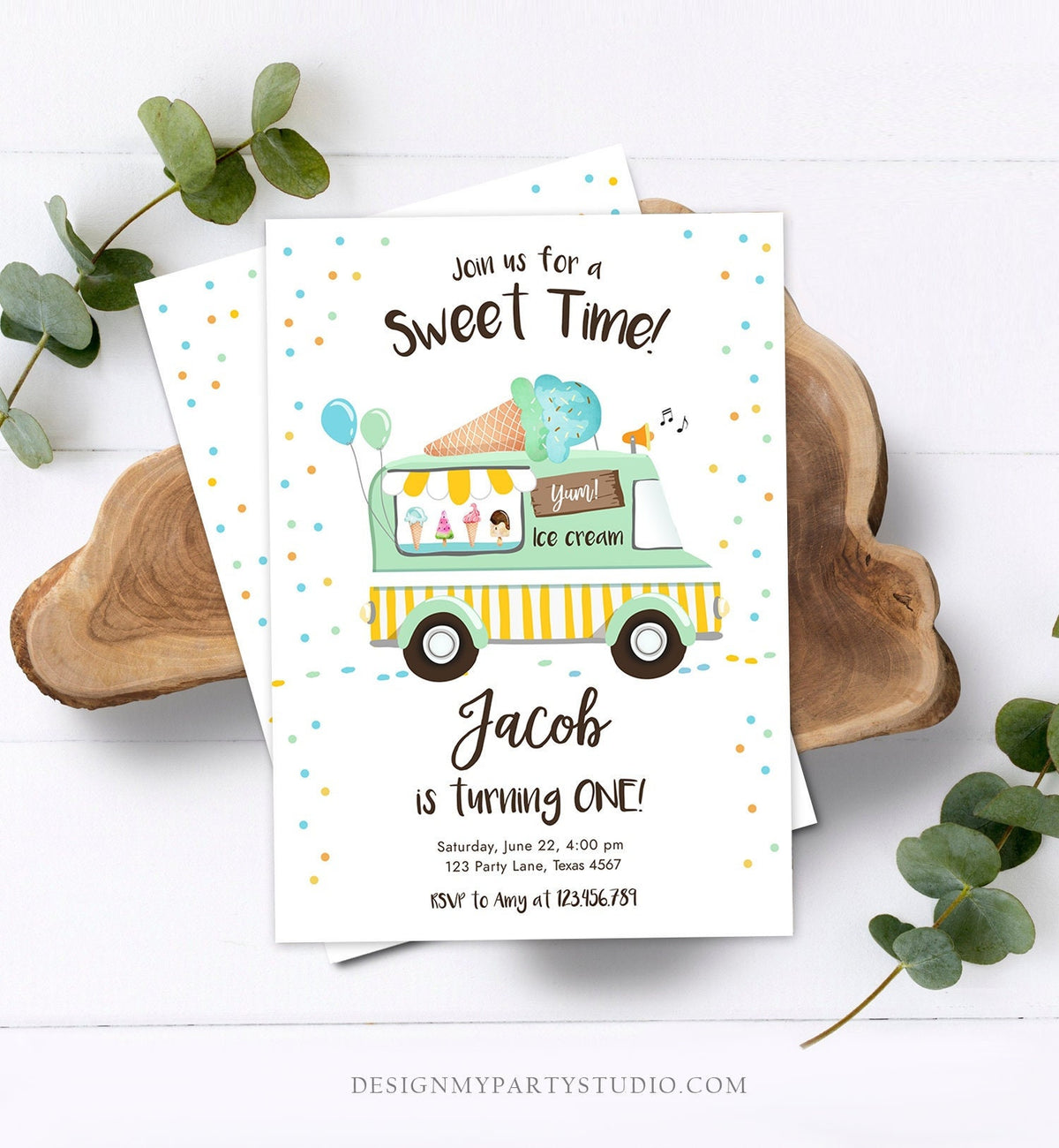 Editable Ice Cream Truck Birthday Invitation Ice Cream Birthday Party Cone Boy Girl Mint Yellow Summer Twin Digital Template Printable 0243