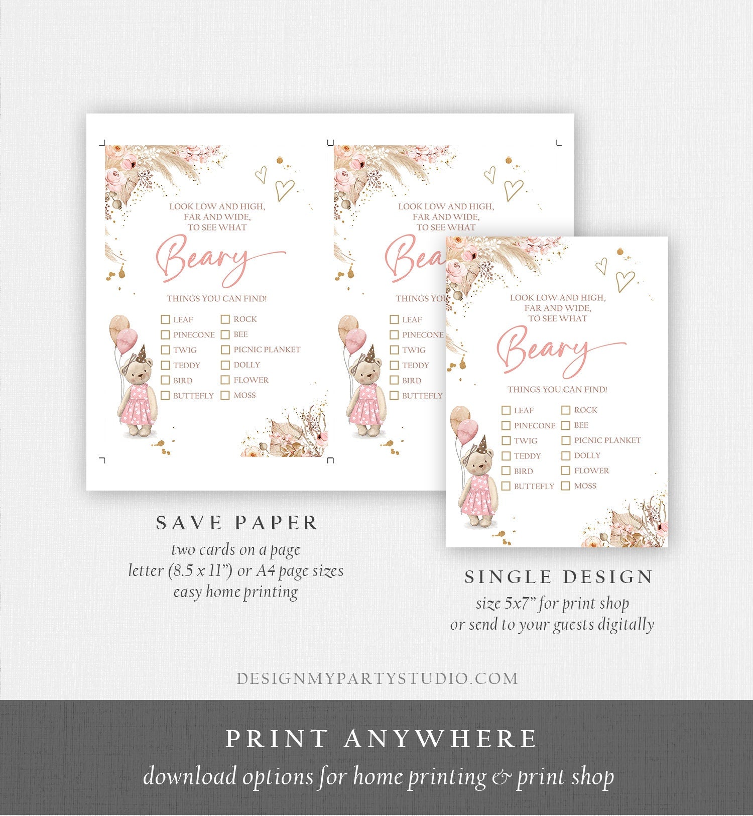 Editable Scavenger Hunt Checklist Game Party Teddy Bear Birthday Activity Whimsical Bear Forest Garden Girl Digital Template Printable 0421