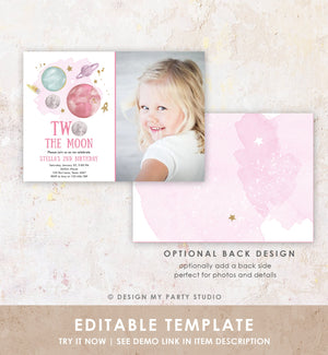 Editable Two the Moon 2nd Second Birthday Invitation Girl Pink Space Two the Moon Galaxy Download Printable Template Digital Corjl 0357