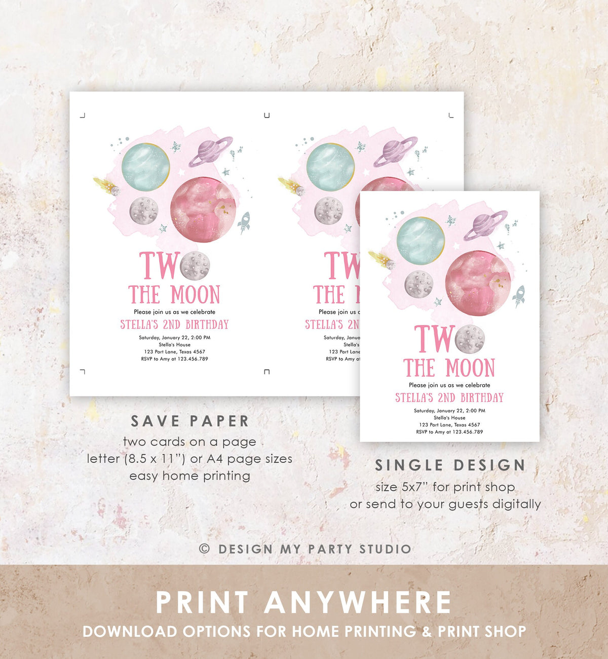 Editable Two the Moon 2nd Second Birthday Invitation Girl Pink Silver Space Planets Galaxy Digital Download Evite Template Printable 0357