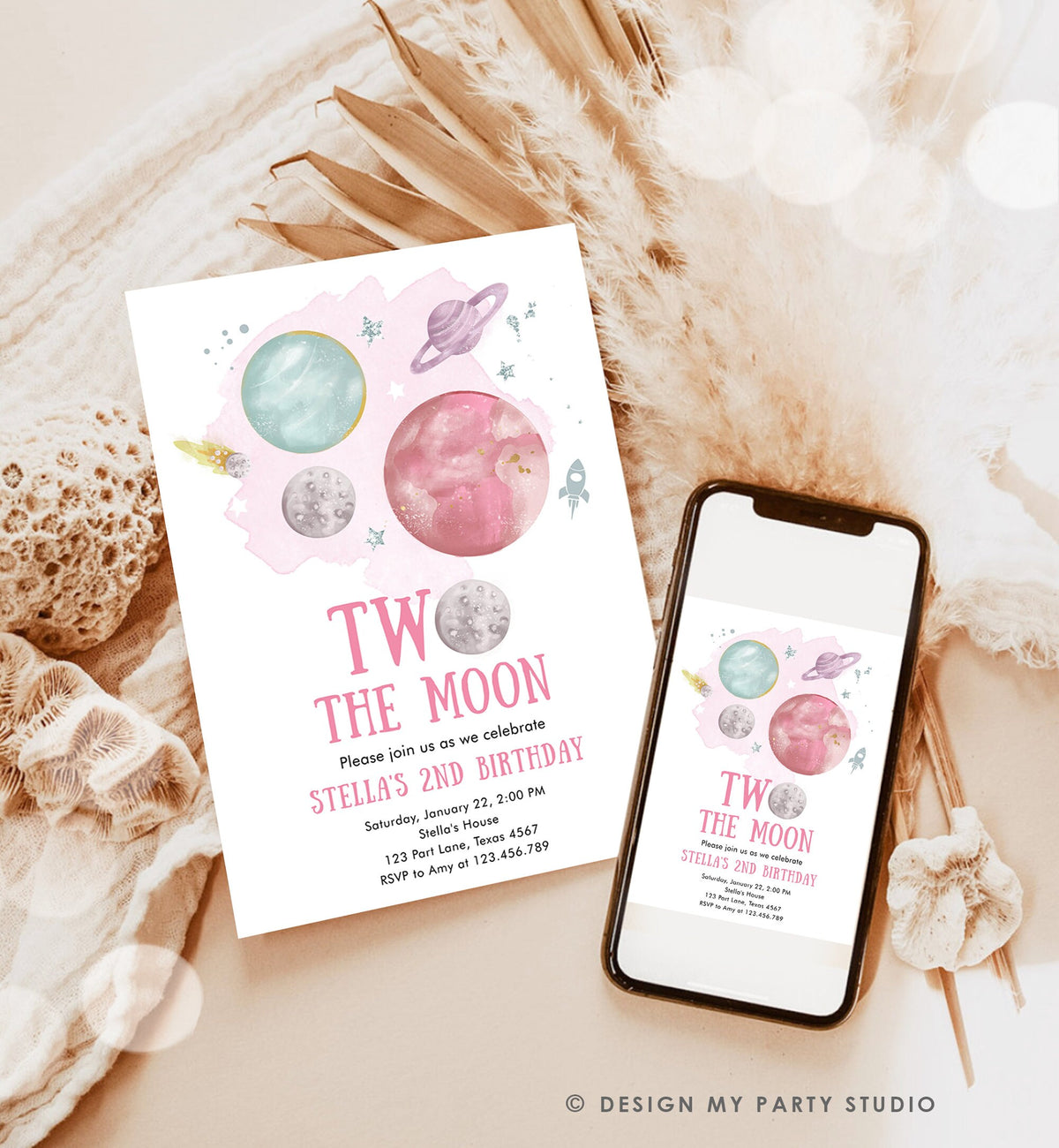 Editable Two the Moon 2nd Second Birthday Invitation Girl Pink Silver Space Planets Galaxy Digital Download Evite Template Printable 0357