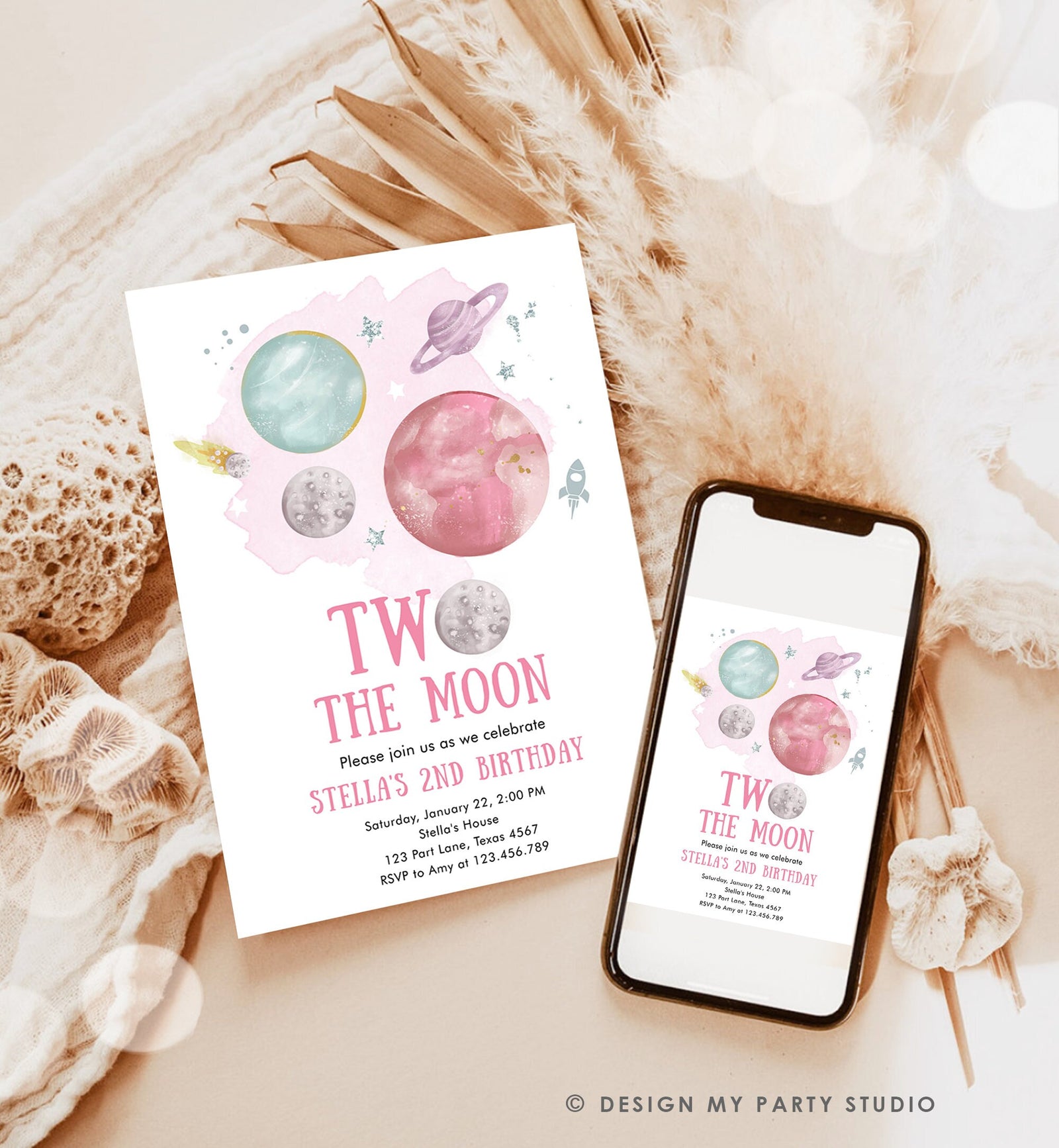 Editable Two the Moon 2nd Second Birthday Invitation Girl Pink Silver Space Planets Galaxy Digital Download Evite Template Printable 0357