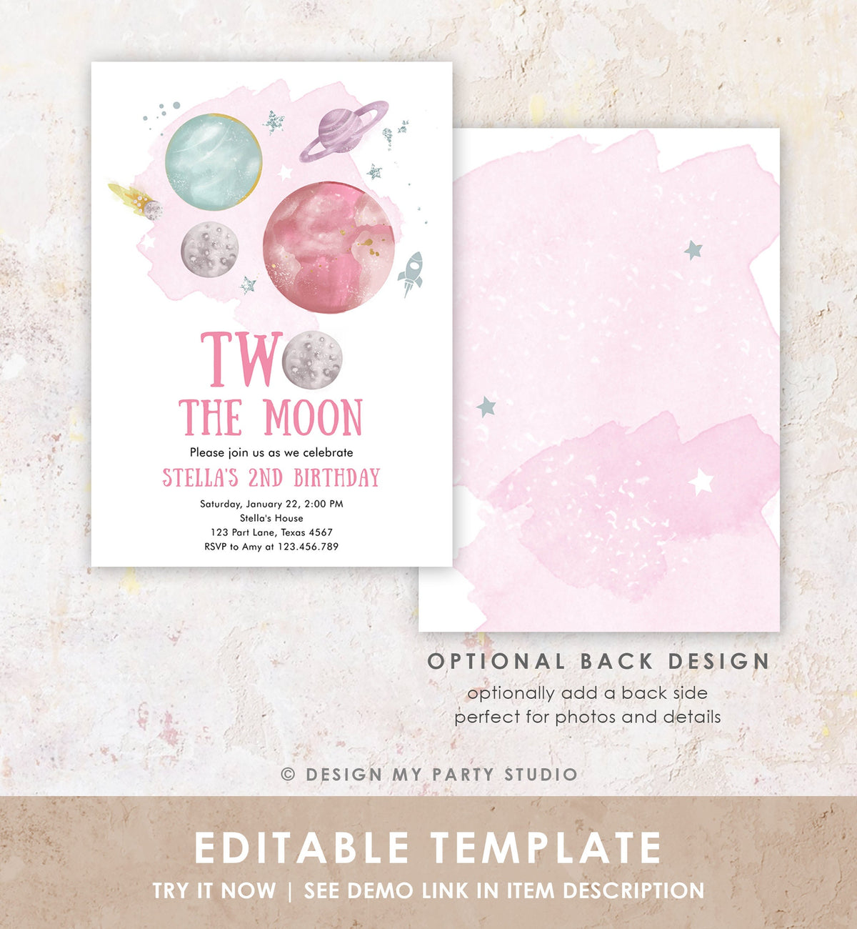 Editable Two the Moon 2nd Second Birthday Invitation Girl Pink Silver Space Planets Galaxy Digital Download Evite Template Printable 0357