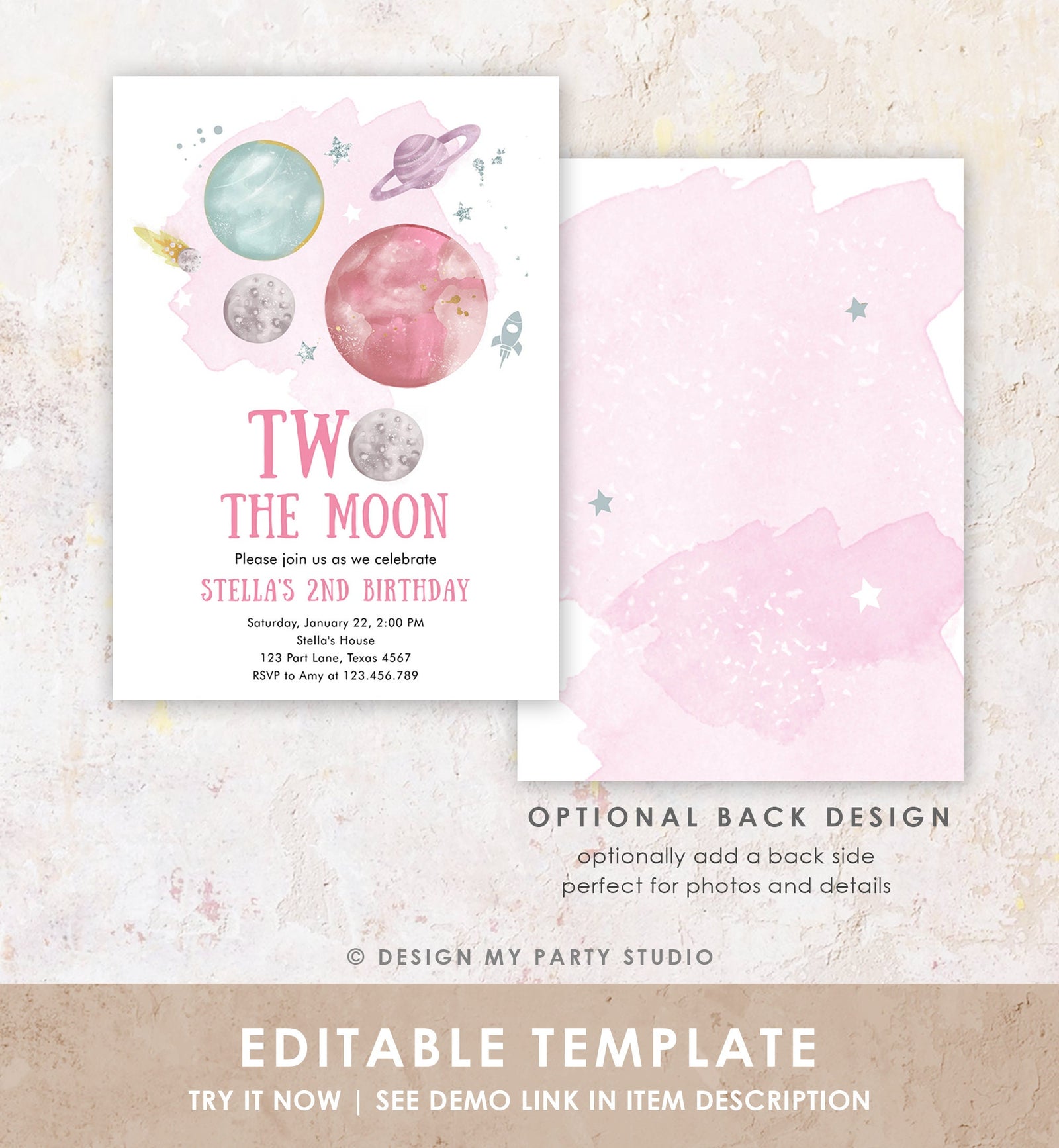 Editable Two the Moon 2nd Second Birthday Invitation Girl Pink Silver Space Planets Galaxy Digital Download Evite Template Printable 0357