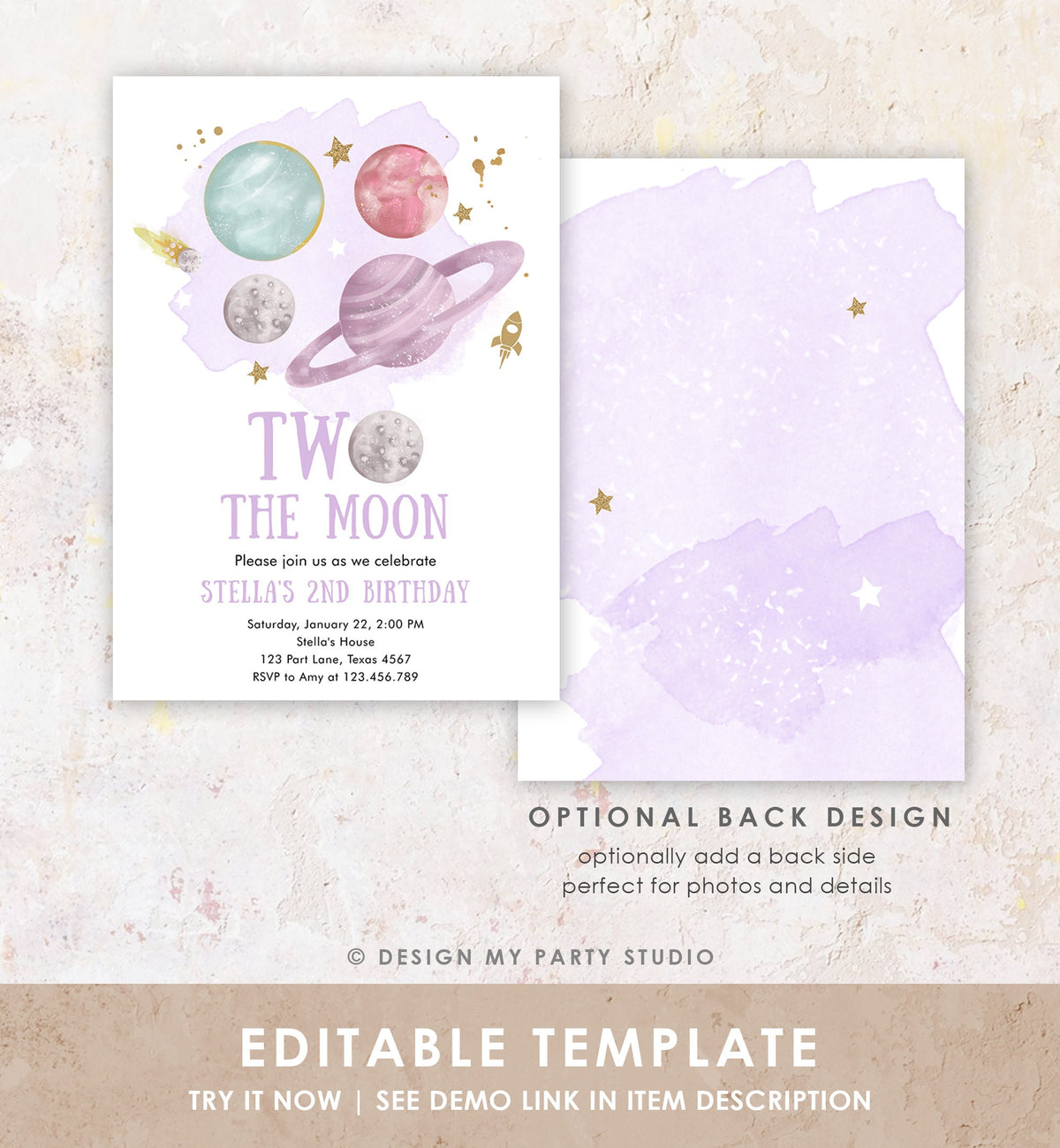 Editable Two the Moon 2nd Second Birthday Invitation Girl Purple Space Two the Moon Galaxy Download Printable Template Digital Corjl 0357