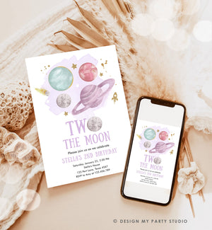 Editable Two the Moon 2nd Second Birthday Invitation Girl Purple Space Two the Moon Galaxy Download Printable Template Digital Corjl 0357
