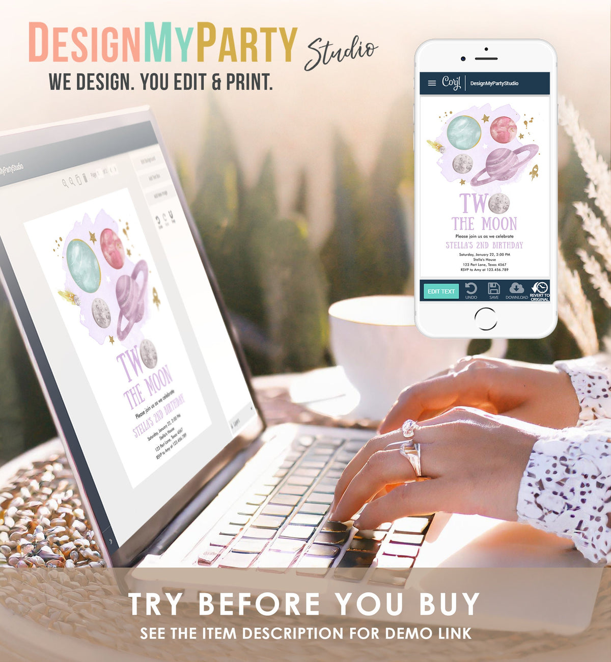 Editable Two the Moon 2nd Second Birthday Invitation Girl Purple Space Two the Moon Galaxy Download Printable Template Digital Corjl 0357