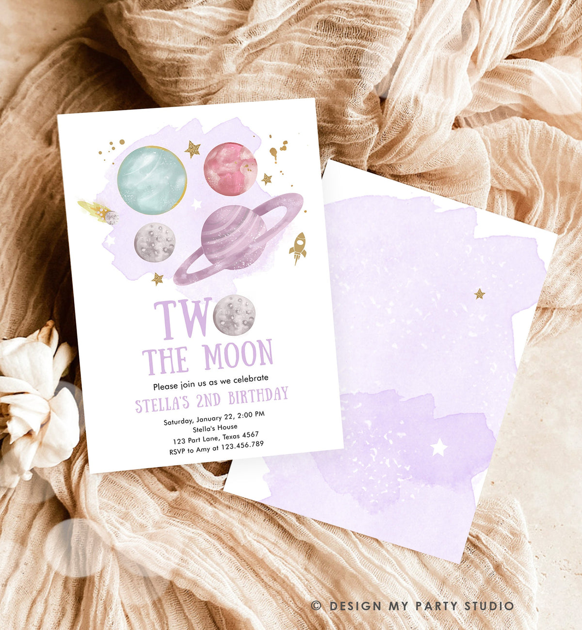 Editable Two the Moon 2nd Second Birthday Invitation Girl Purple Space Two the Moon Galaxy Download Printable Template Digital Corjl 0357