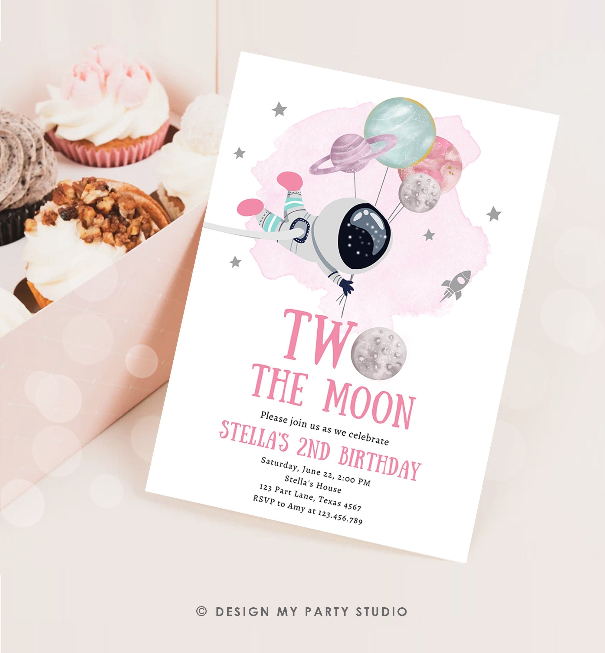 Editable Two the Moon Outer Space Birthday Invitation Out of this World Astronaut Pink Silver Girl Second 2nd Evite Template Printable 0366
