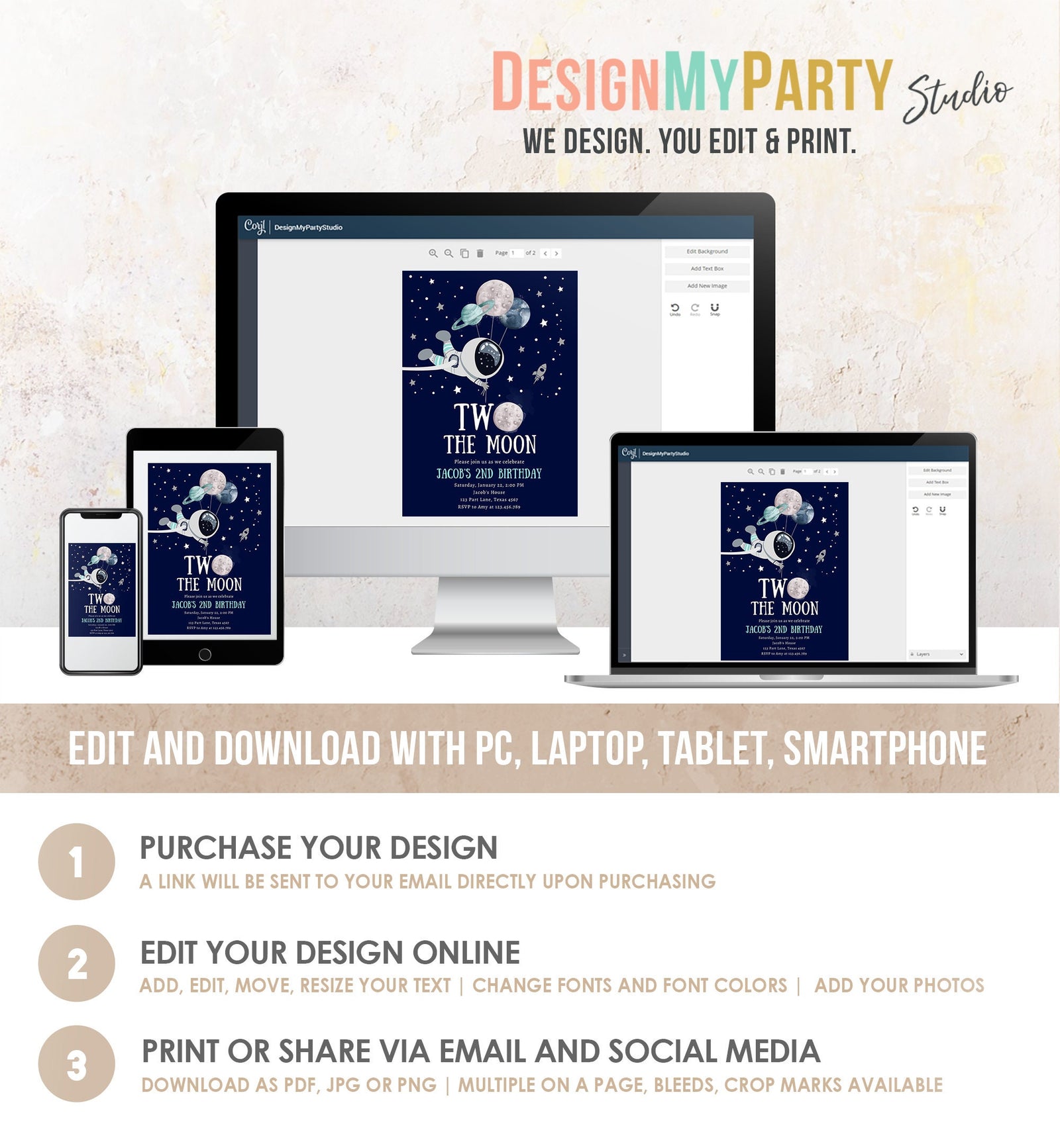 Editable Two the Moon Outer Space Birthday Invitation Out of this World Astronaut Blue Silver Boy Second 2nd Digital Template Printable 0366