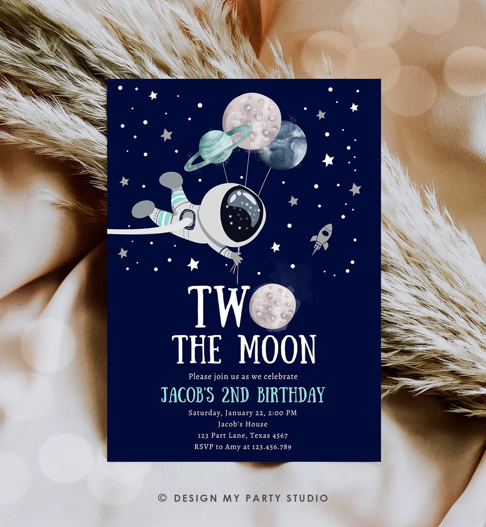 Editable Two the Moon Outer Space Birthday Invitation Out of this World Astronaut Blue Silver Boy Second 2nd Digital Template Printable 0366