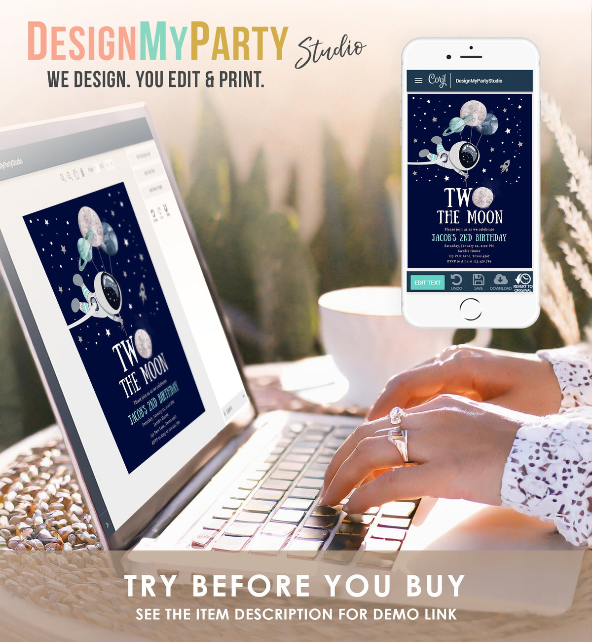 Editable Two the Moon Outer Space Birthday Invitation Out of this World Astronaut Blue Silver Boy Second 2nd Digital Template Printable 0366