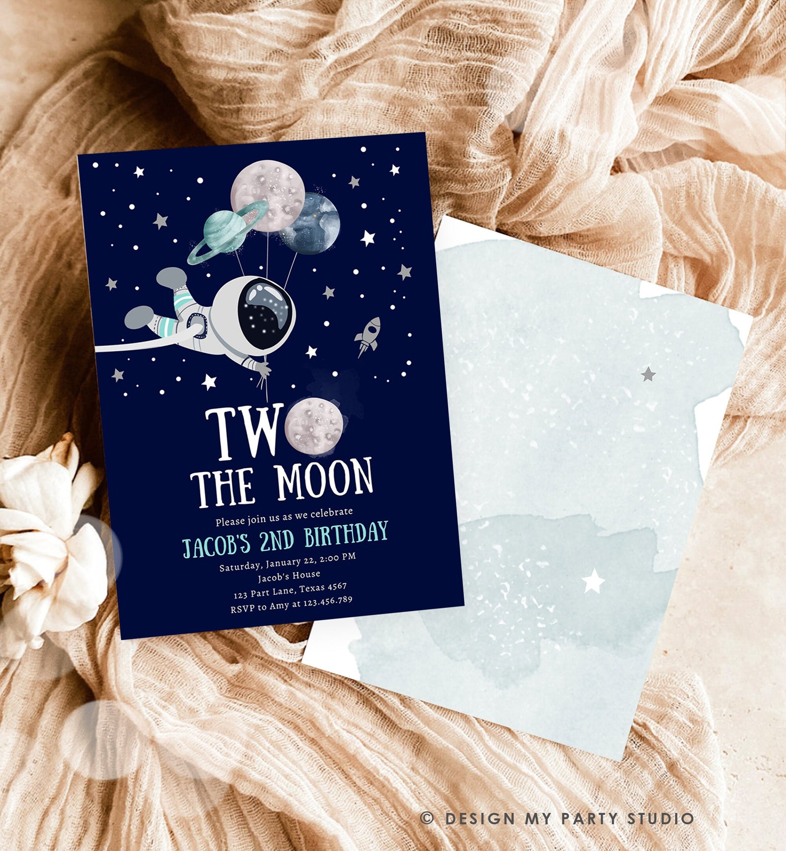 Editable Two the Moon Outer Space Birthday Invitation Out of this World Astronaut Blue Silver Boy Second 2nd Digital Template Printable 0366