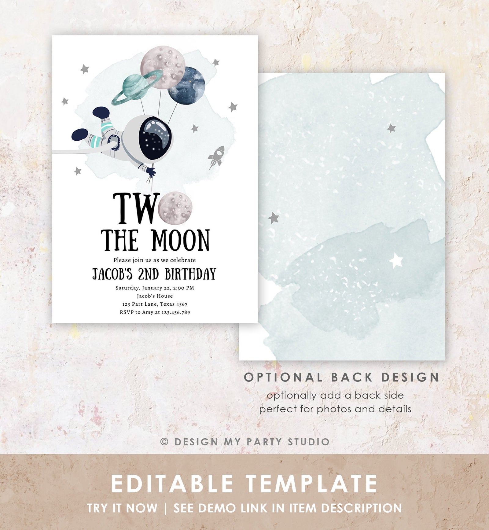 Editable Two the Moon Outer Space Birthday Invitation Out of this World Astronaut Blue Silver Boy Second 2nd Evite Template Printable 0366