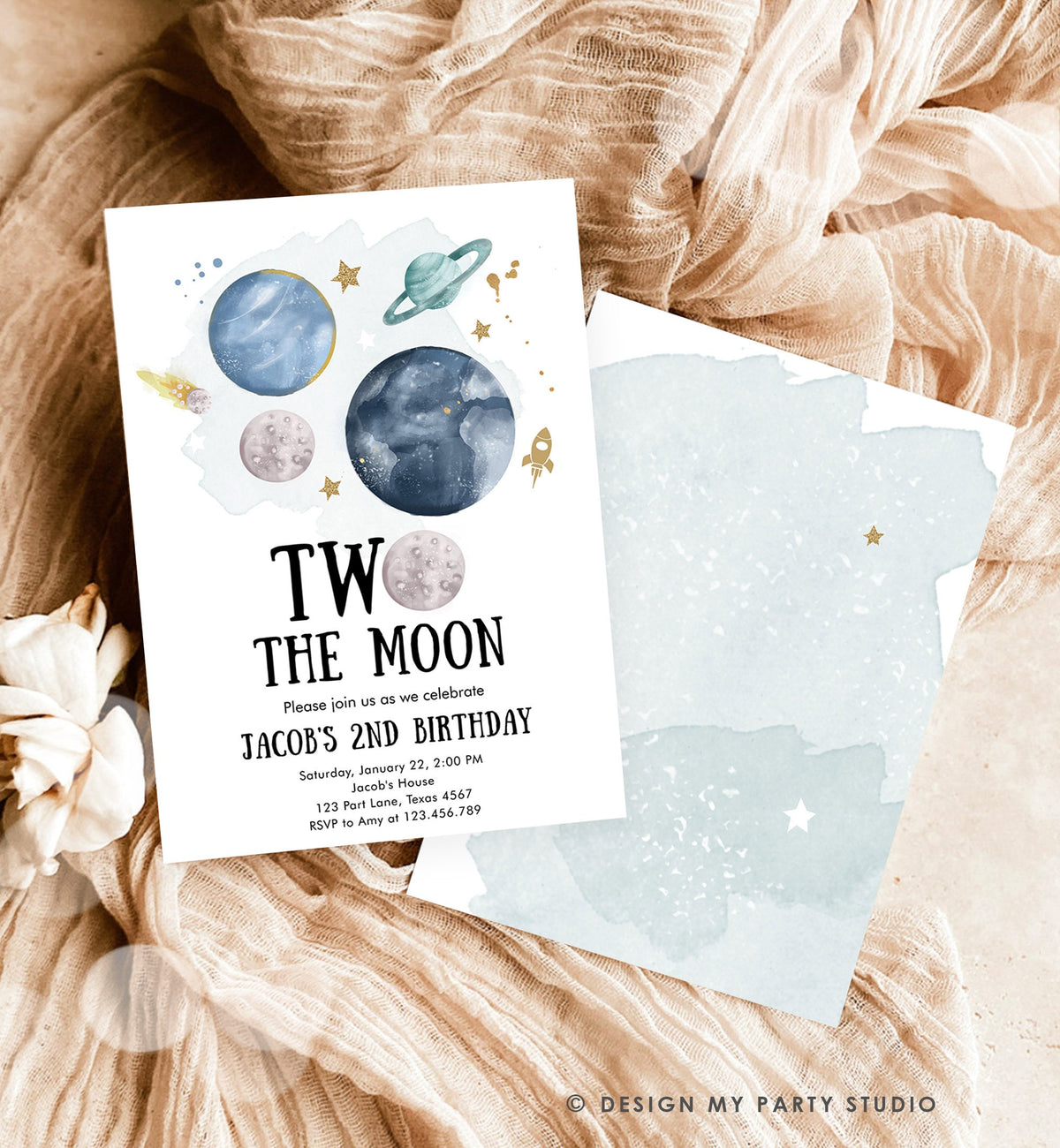 Editable Two the Moon 2nd Second Birthday Invitation Space Planets Rocket Astronaut Galaxy Digital Download Evite Template Printable 0357