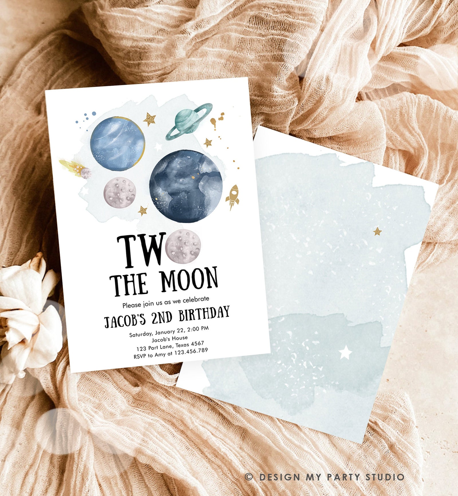 Editable Two the Moon 2nd Second Birthday Invitation Space Planets Rocket Astronaut Galaxy Digital Download Evite Template Printable 0357