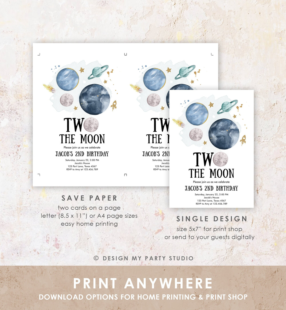 Editable Two the Moon 2nd Second Birthday Invitation Space Planets Rocket Astronaut Galaxy Digital Download Evite Template Printable 0357