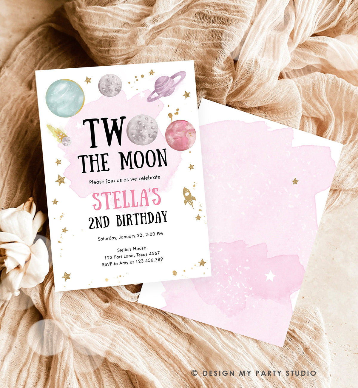 Editable Two the Moon Second Birthday Invitation Space Astronaut Love You to the Moon Galaxy 2nd Girl Digital Template Printable 0357
