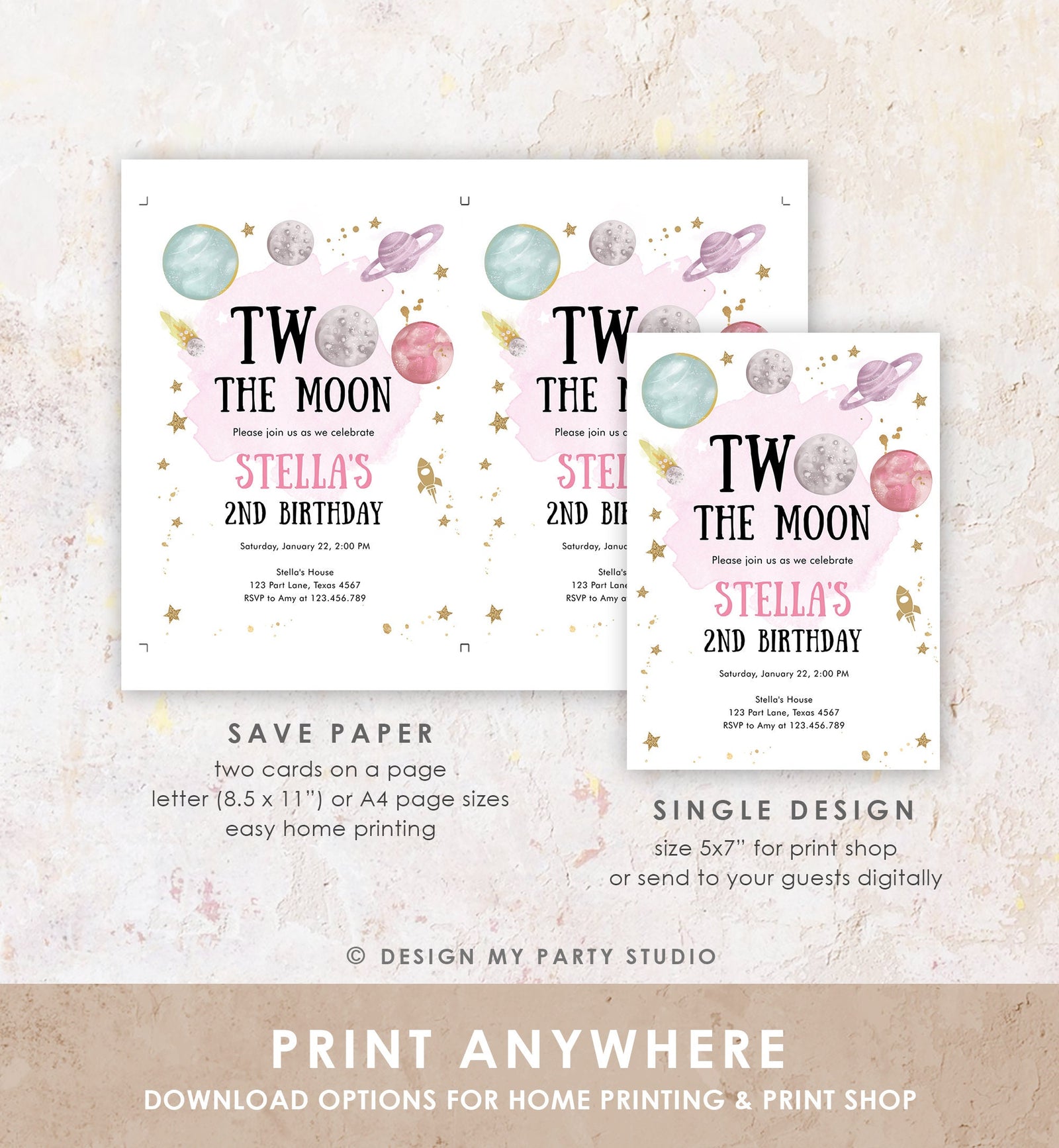 Editable Two the Moon Second Birthday Invitation Space Astronaut Love You to the Moon Galaxy 2nd Girl Digital Template Printable 0357