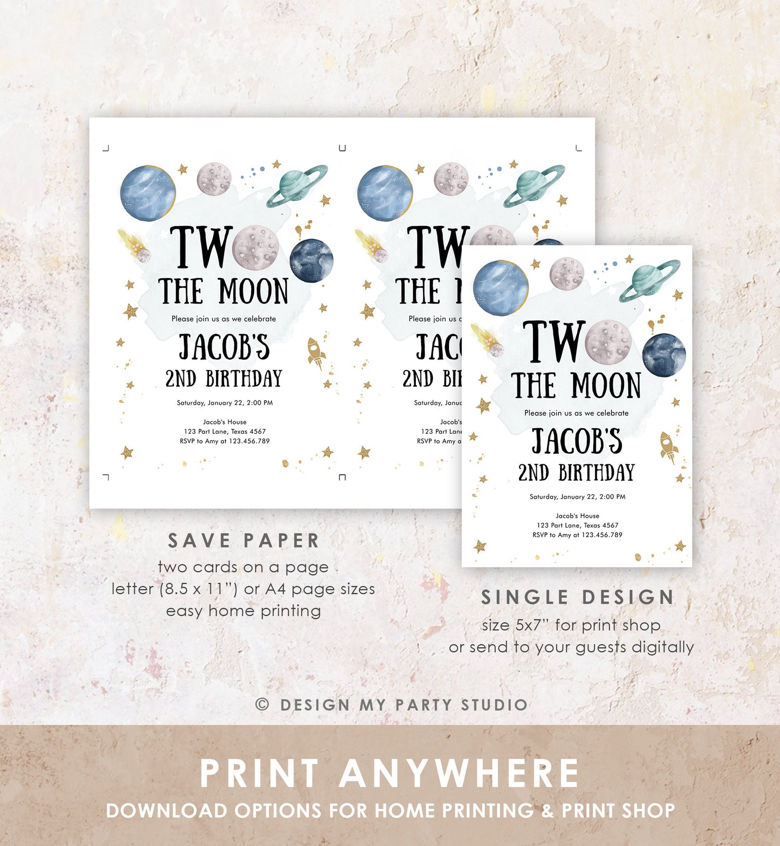 Editable Two the Moon Second Birthday Invitation Space Astronaut Planets Galaxy 2nd Boy Digital Download Evite Template Printable 0357