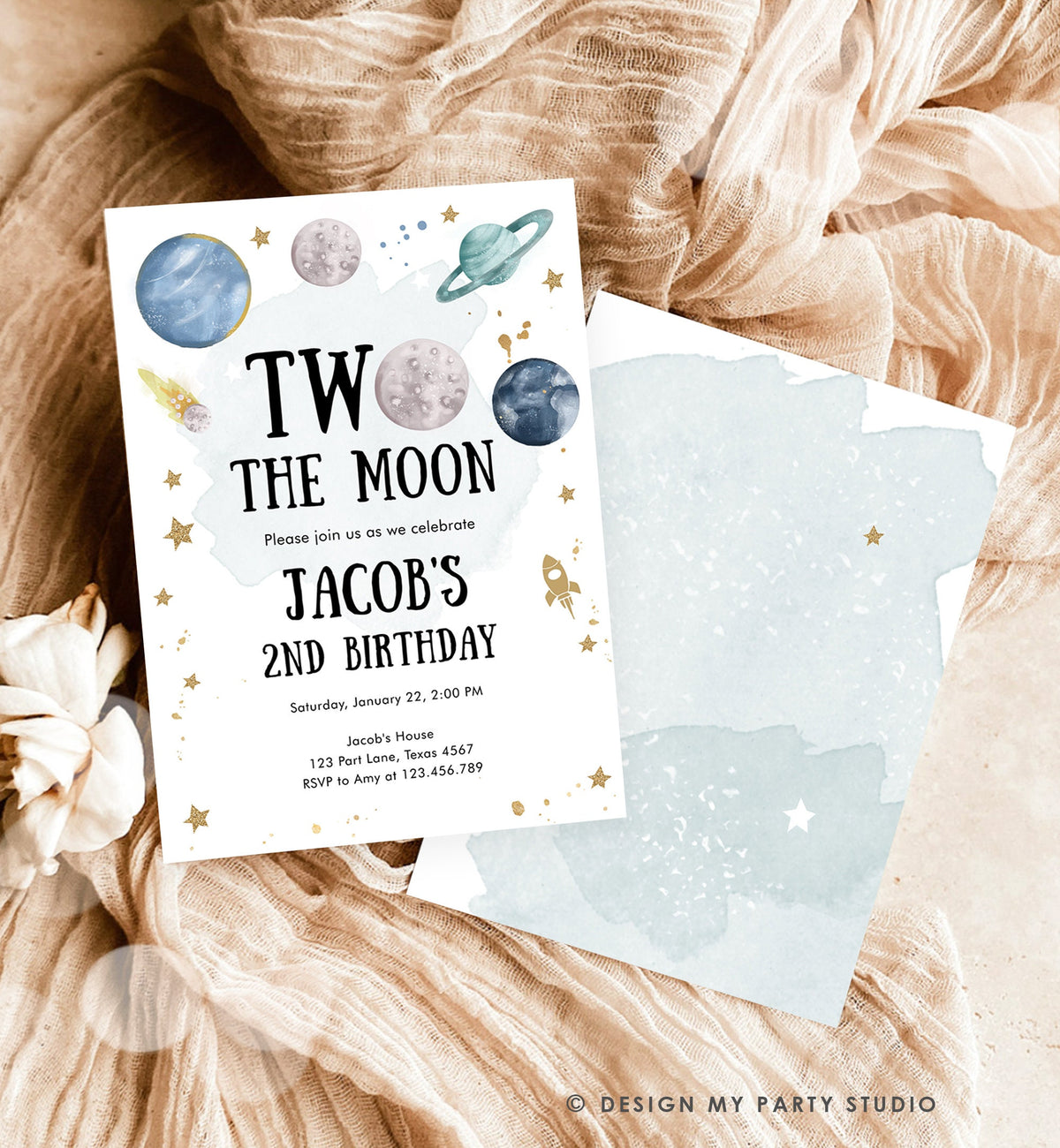 Editable Two the Moon Second Birthday Invitation Space Astronaut Planets Galaxy 2nd Boy Digital Download Evite Template Printable 0357