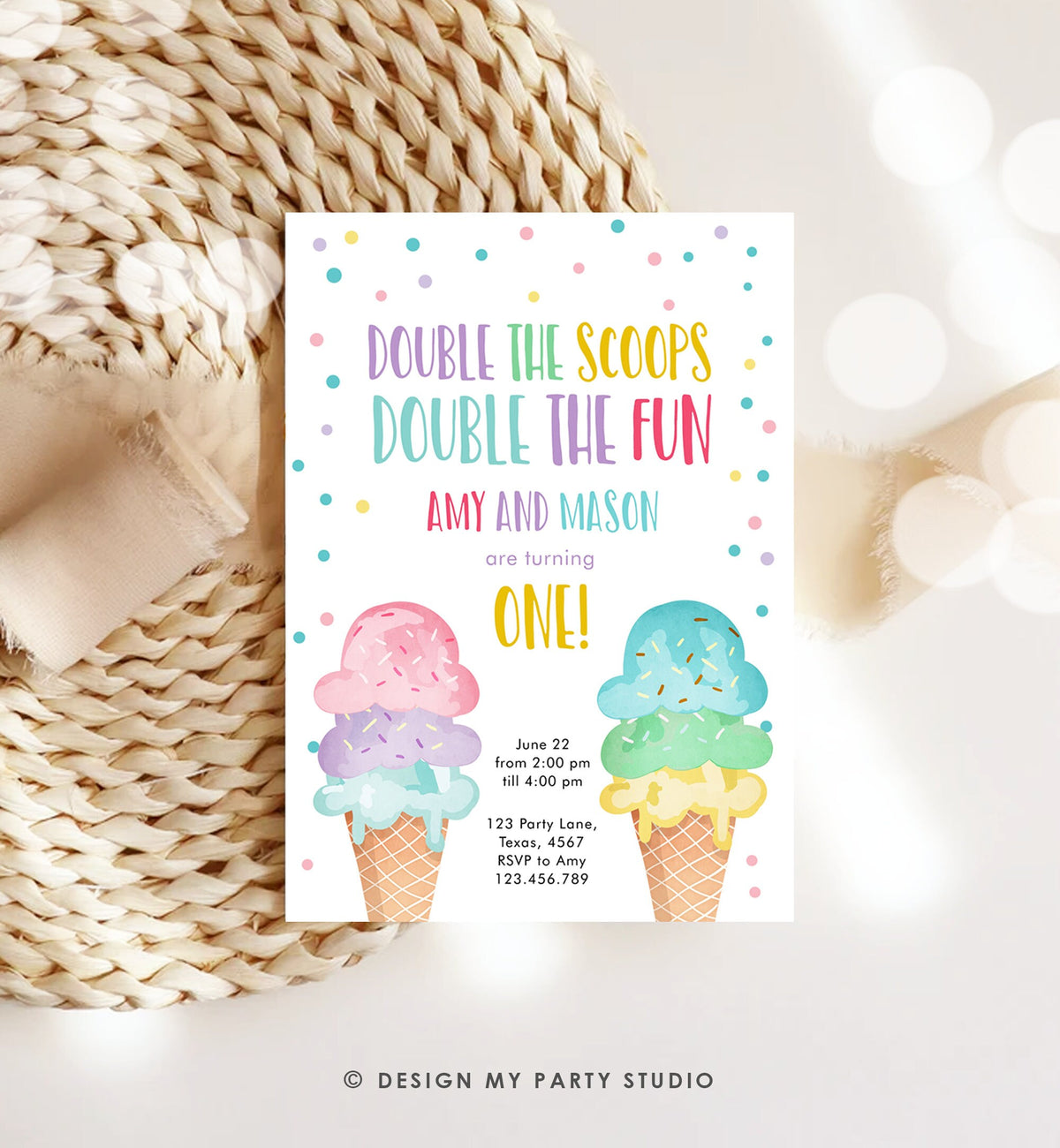 Editable Twin Ice Cream Birthday Invitation First Birthday Double the Scoops Double Fun Twins Purple Pink Blue Printable Template Corjl 0243