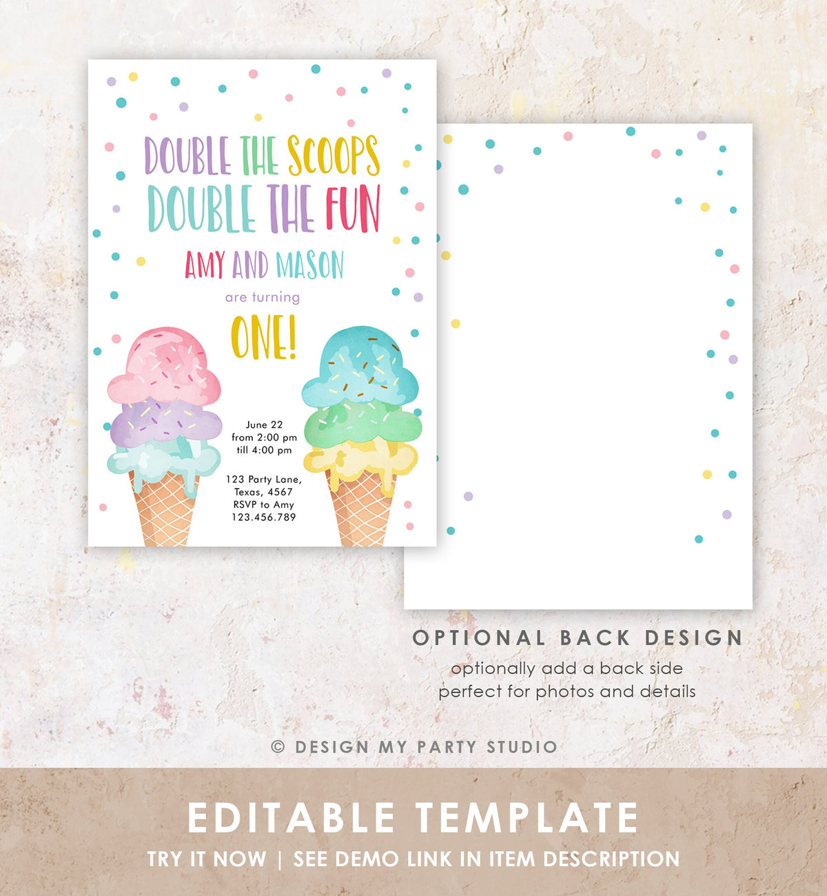 Editable Twin Ice Cream Birthday Invitation First Birthday Double the Scoops Double Fun Twins Purple Pink Blue Printable Template Corjl 0243