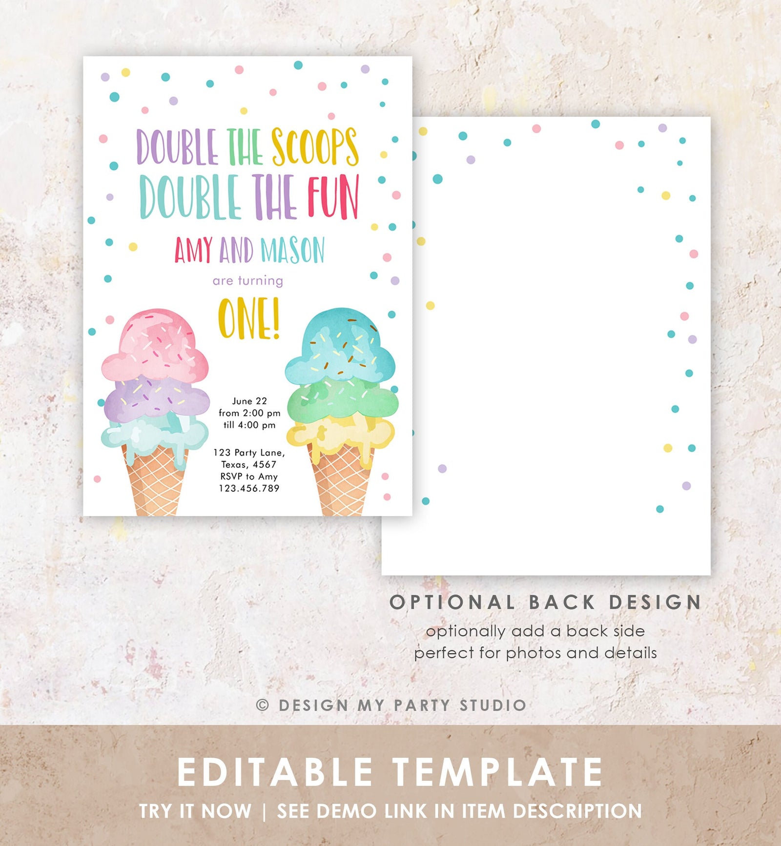Editable Twin Ice Cream Birthday Invitation First Birthday Double the Scoops Double Fun Twins Purple Pink Blue Printable Template Corjl 0243