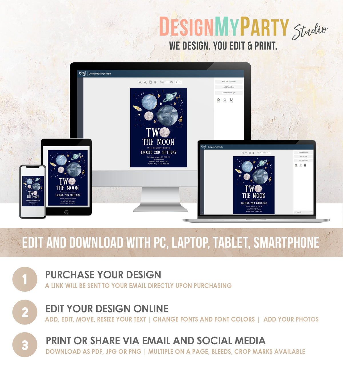 Editable Two the Moon 2nd Birthday Invitation Space Astronaut Planets Rocket Galaxy Digital Download Evite Template Printable 0357