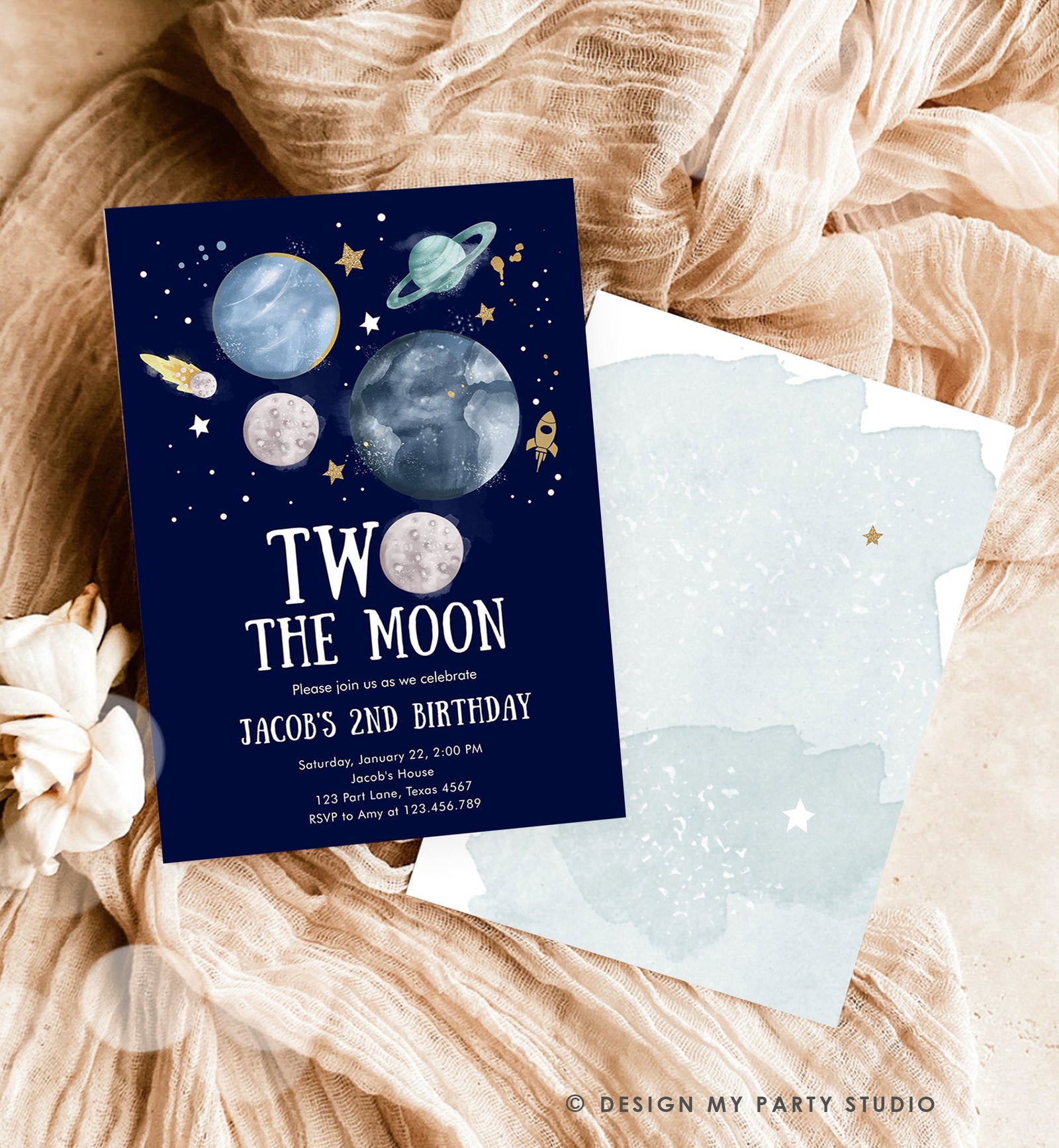 Editable Two the Moon 2nd Birthday Invitation Space Astronaut Planets Rocket Galaxy Digital Download Evite Template Printable 0357