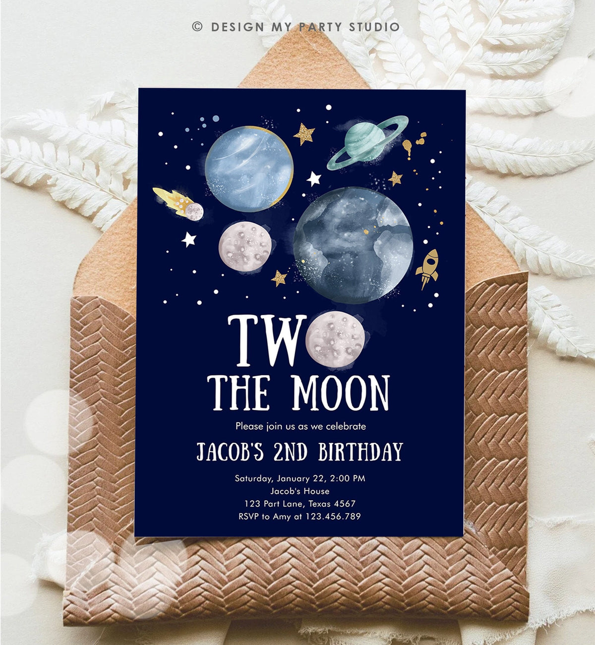 Editable Two the Moon 2nd Birthday Invitation Space Astronaut Planets Rocket Galaxy Digital Download Evite Template Printable 0357
