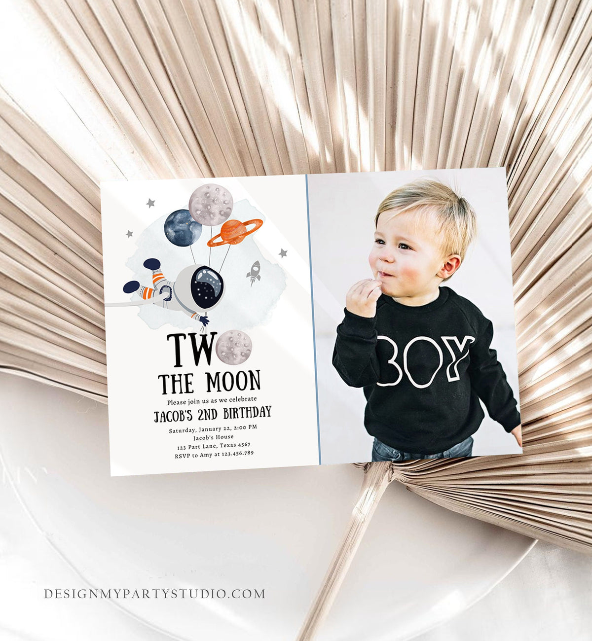 Editable Two the Moon Outer Space Birthday Invitation Out of this World Astronaut Blue Orange Boy Second 2nd Digital Template Printable 0366