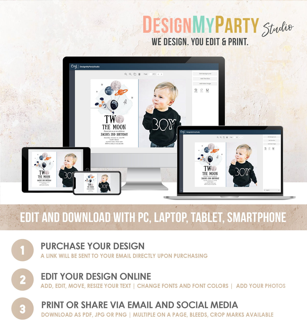 Editable Two the Moon Outer Space Birthday Invitation Out of this World Astronaut Blue Orange Boy Second 2nd Digital Template Printable 0366