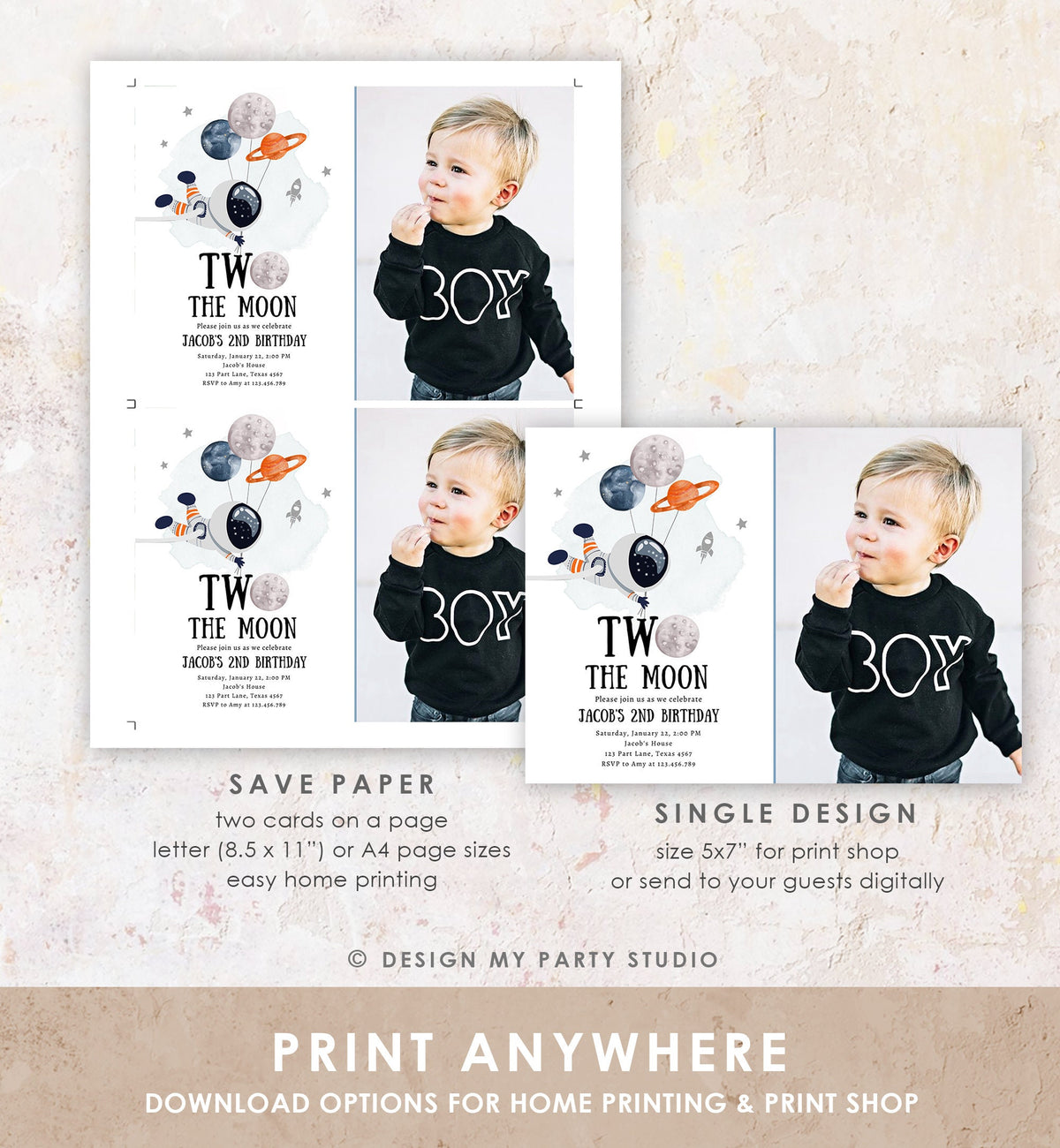 Editable Two the Moon Outer Space Birthday Invitation Out of this World Astronaut Blue Orange Boy Second 2nd Digital Template Printable 0366