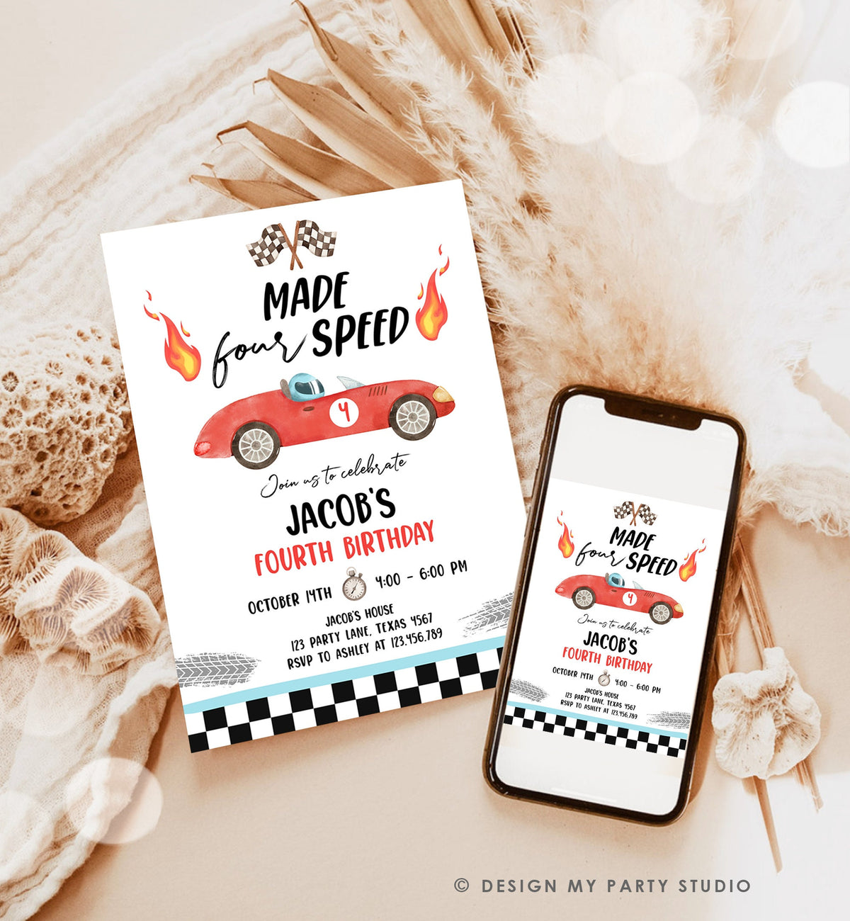 Editable Made Four Speed Race Car 4th Birthday Invitation Boy Red Fourth Birthday Racing Party Made 4 Speed Digital Template Printable 0424