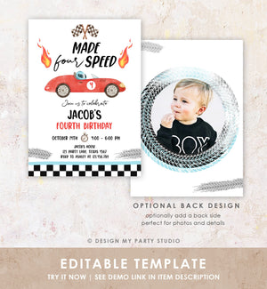 Editable Made Four Speed Race Car Fourth Birthday Invitation Boy Red 4th Birthday Racing Party Made 4 Speed Corjl Template Printable 0424