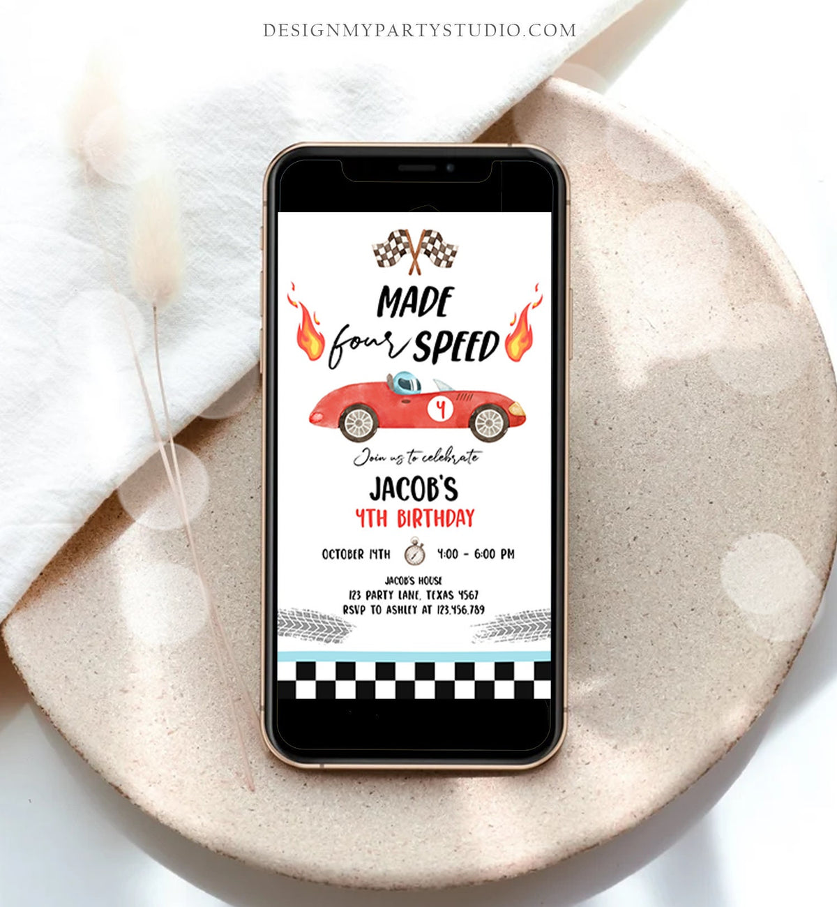 Editable Made Four Speed Race Car Fourth Birthday Invitation Boy Red 4th Birthday Racing Evite Made 4 Speed Digital Template Printable 0424