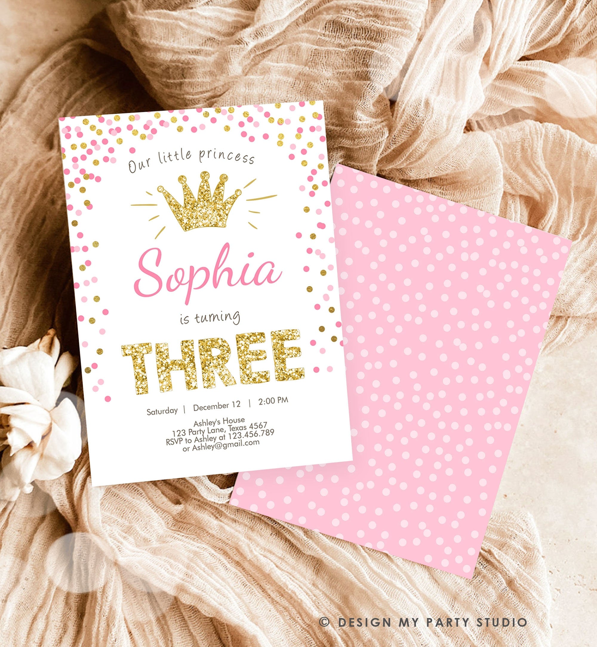 Editable Little Princess Birthday Invitation Girl Pink Gold Third Birthday 3rd ANY AGE Confetti Crown Download Corjl Template Printable 0047