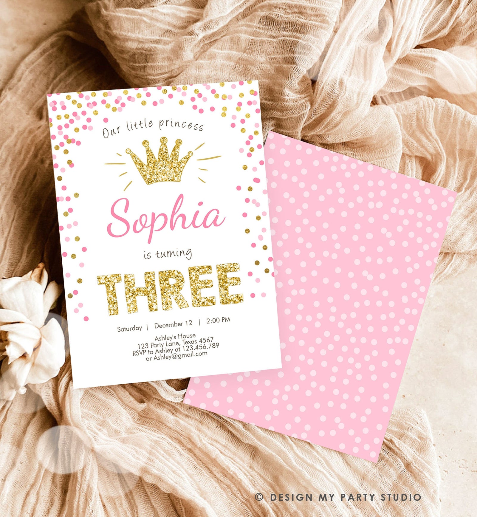 May include: A pink and gold birthday invitation with gold glitter text that says &#39;Our little princess Sophia is turning THREE&#39;. The invitation has a gold glitter crown and pink and gold confetti. The text also includes the date, time, and location of the party, as well as RSVP information.