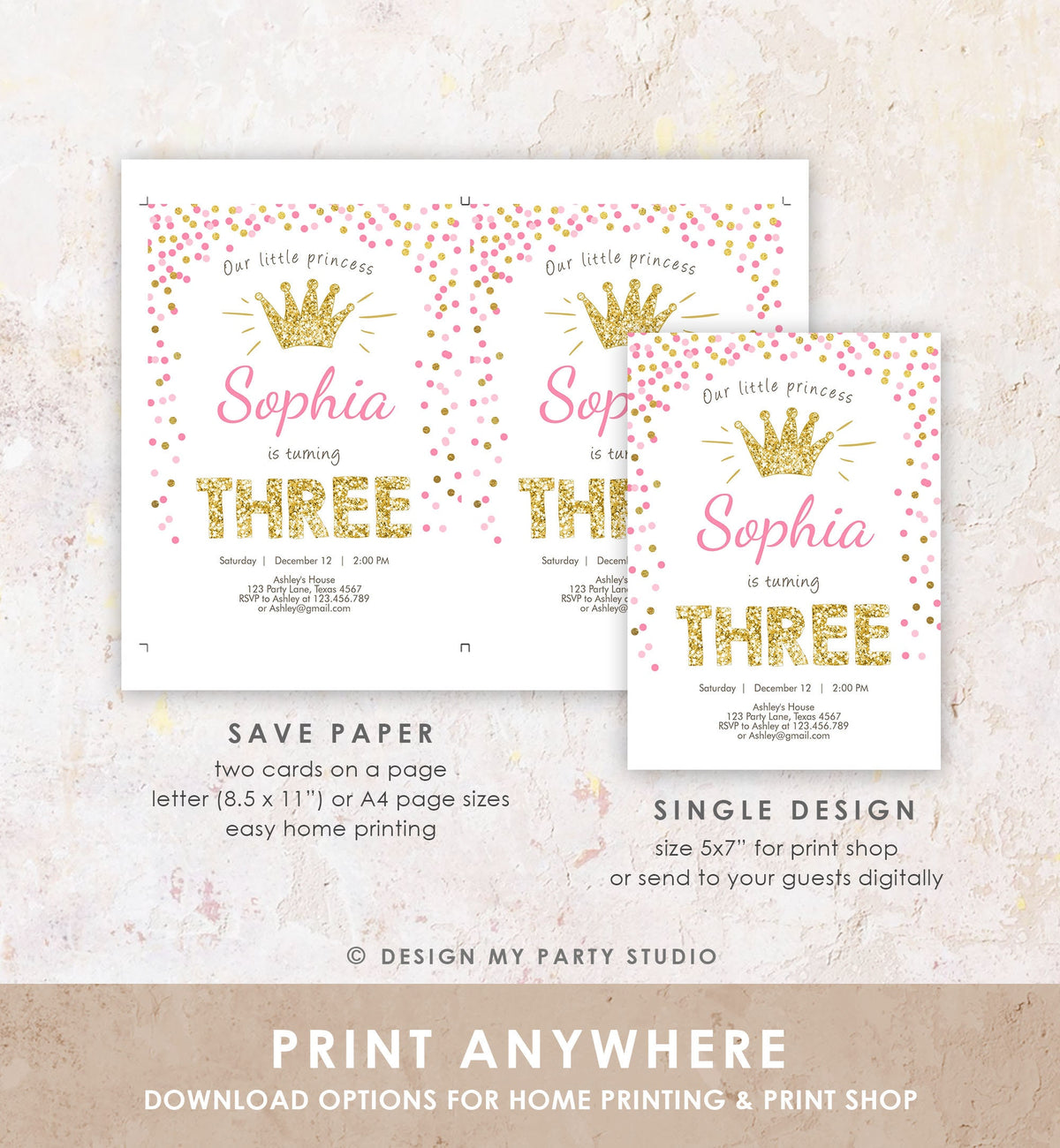 Editable Little Princess Birthday Invitation Girl Pink Gold Third Birthday 3rd ANY AGE Confetti Crown Download Corjl Template Printable 0047