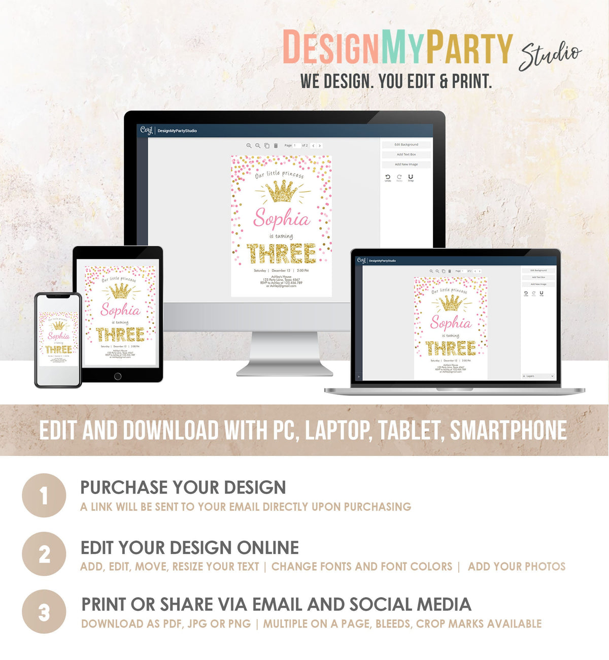 Editable Little Princess Birthday Invitation Girl Pink Gold Third Birthday 3rd ANY AGE Confetti Crown Download Corjl Template Printable 0047