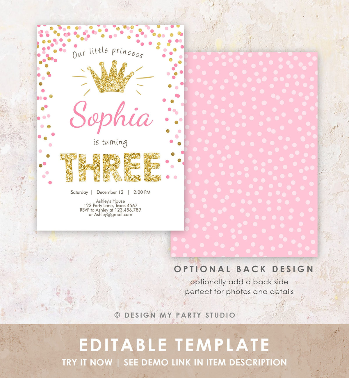 Editable Little Princess Birthday Invitation Girl Pink Gold Third Birthday 3rd ANY AGE Confetti Crown Download Corjl Template Printable 0047