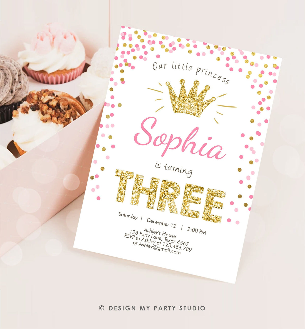 Editable Little Princess Birthday Invitation Girl Pink Gold Third Birthday 3rd ANY AGE Confetti Crown Download Corjl Template Printable 0047